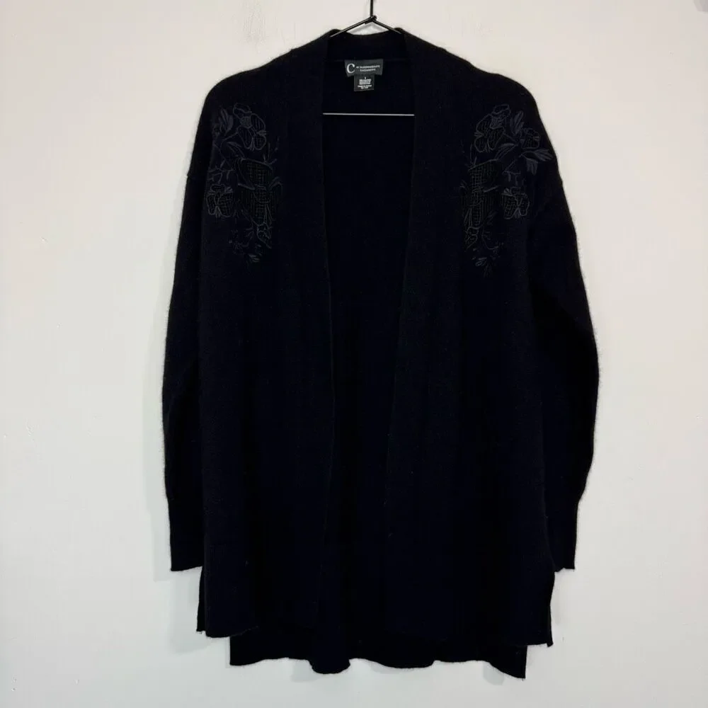 C by Bloomingdale's Cashmere Black Floral Applique Cardigan S